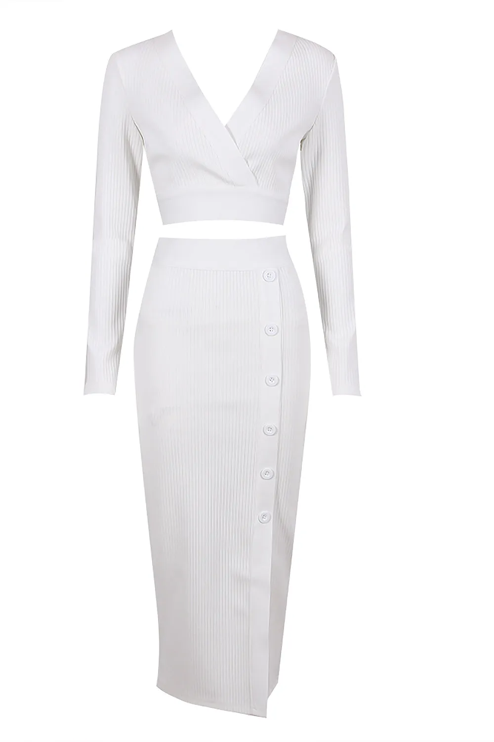 V-Neck Long Sleeve Top & Pencil Midi Skirt Bandage Two-Piece Set