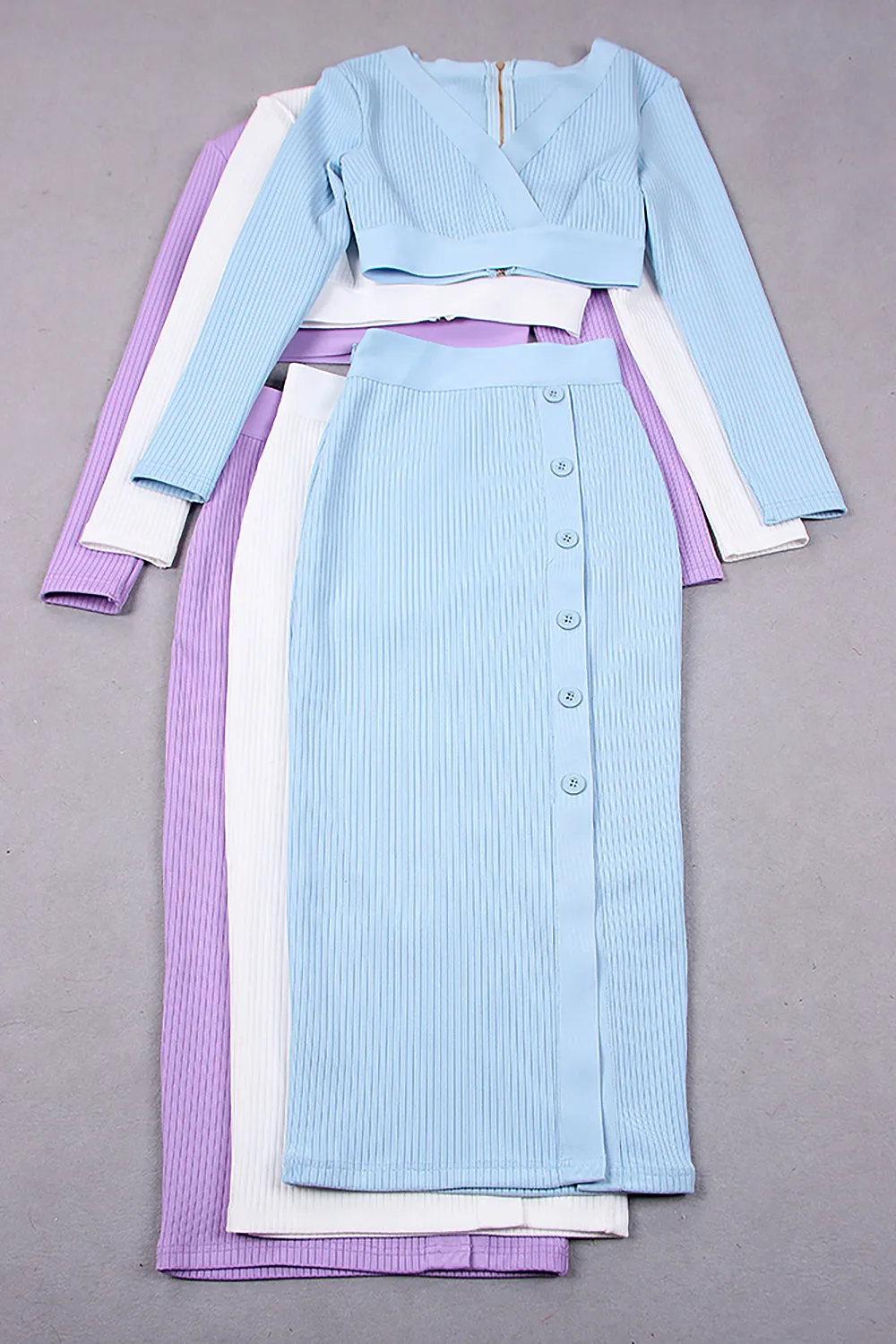 V-Neck Long Sleeve Top & Pencil Midi Skirt Bandage Two-Piece Set