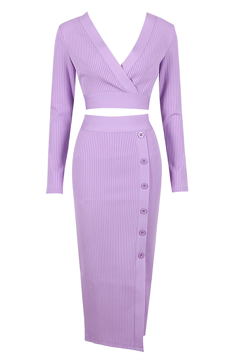 V-Neck Long Sleeve Top & Pencil Midi Skirt Bandage Two-Piece Set