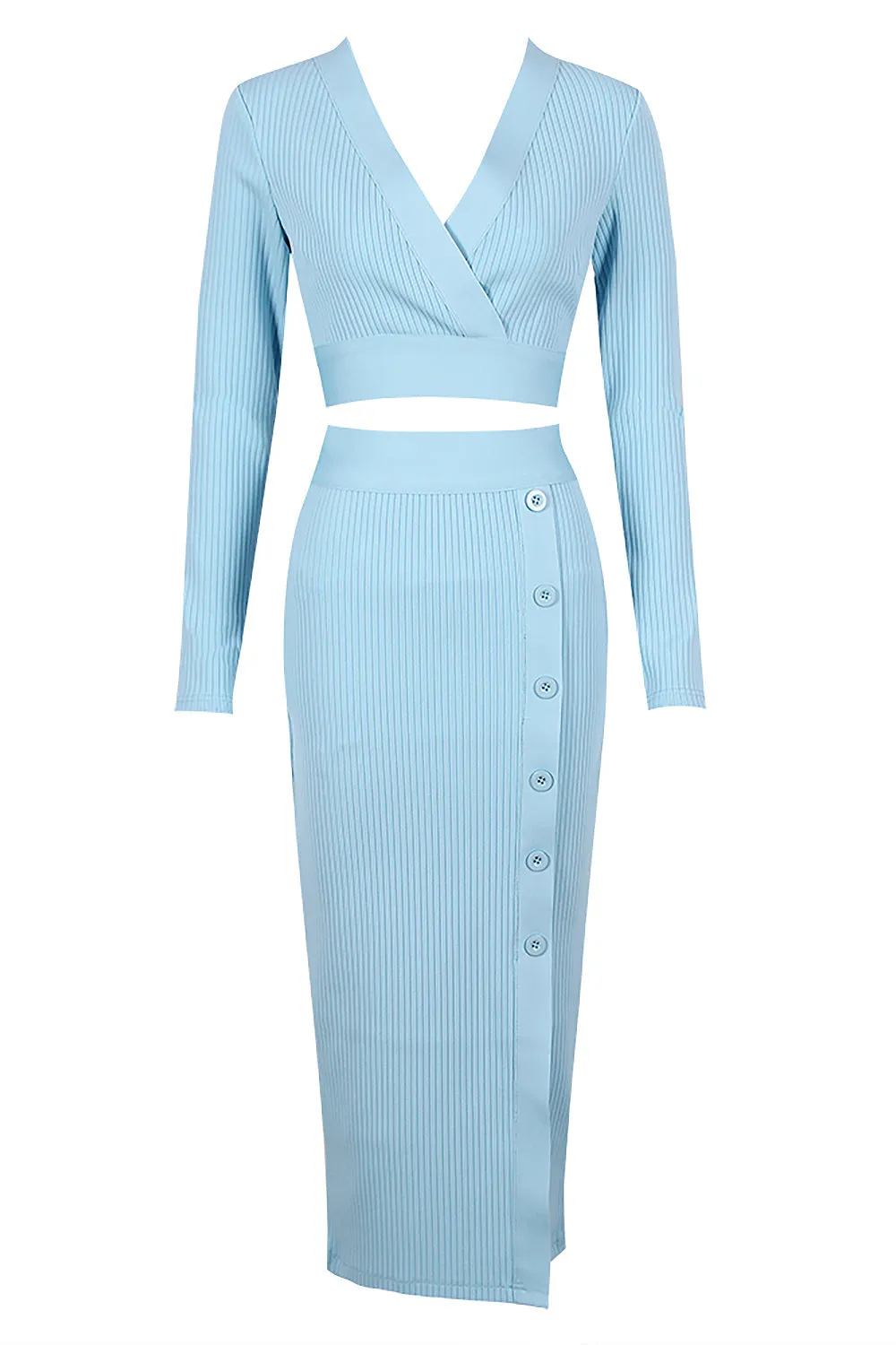 V-Neck Long Sleeve Top & Pencil Midi Skirt Bandage Two-Piece Set
