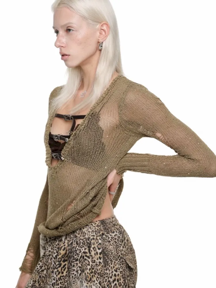 V-Neck Slim Slightly Transparent Tops【s0000011861】