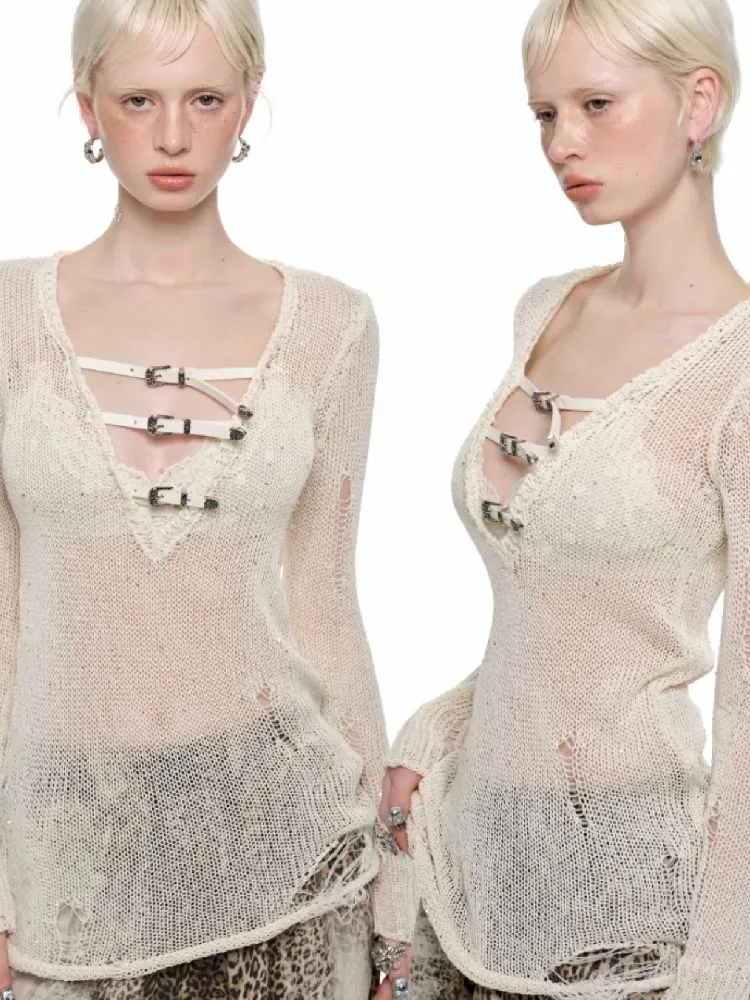 V-Neck Slim Slightly Transparent Tops【s0000011861】