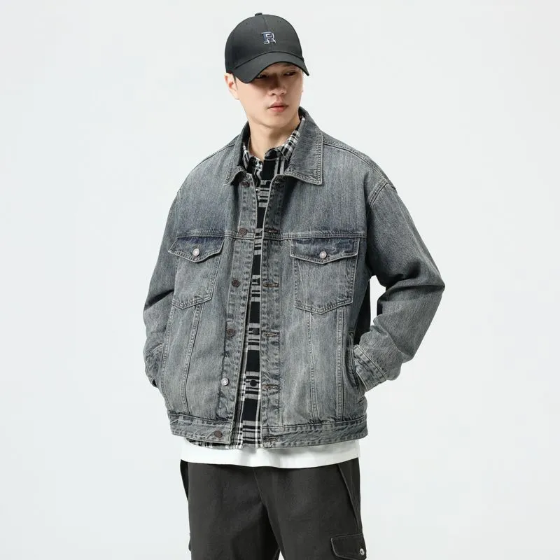 Vintage Style Denim Jacket for Men with Cargo Pockets