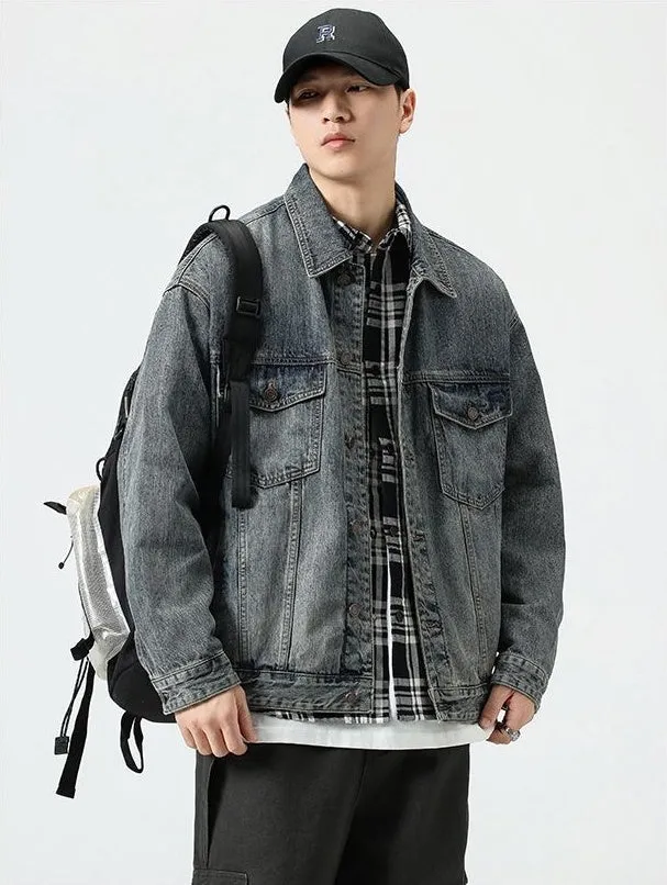 Vintage Style Denim Jacket for Men with Cargo Pockets