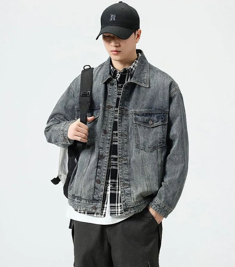Vintage Style Denim Jacket for Men with Cargo Pockets