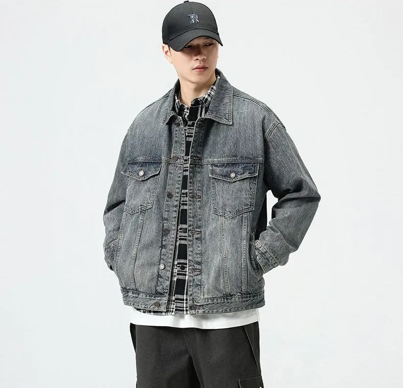 Vintage Style Denim Jacket for Men with Cargo Pockets