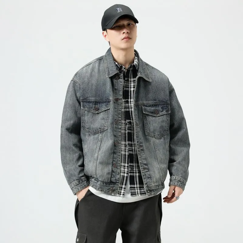 Vintage Style Denim Jacket for Men with Cargo Pockets