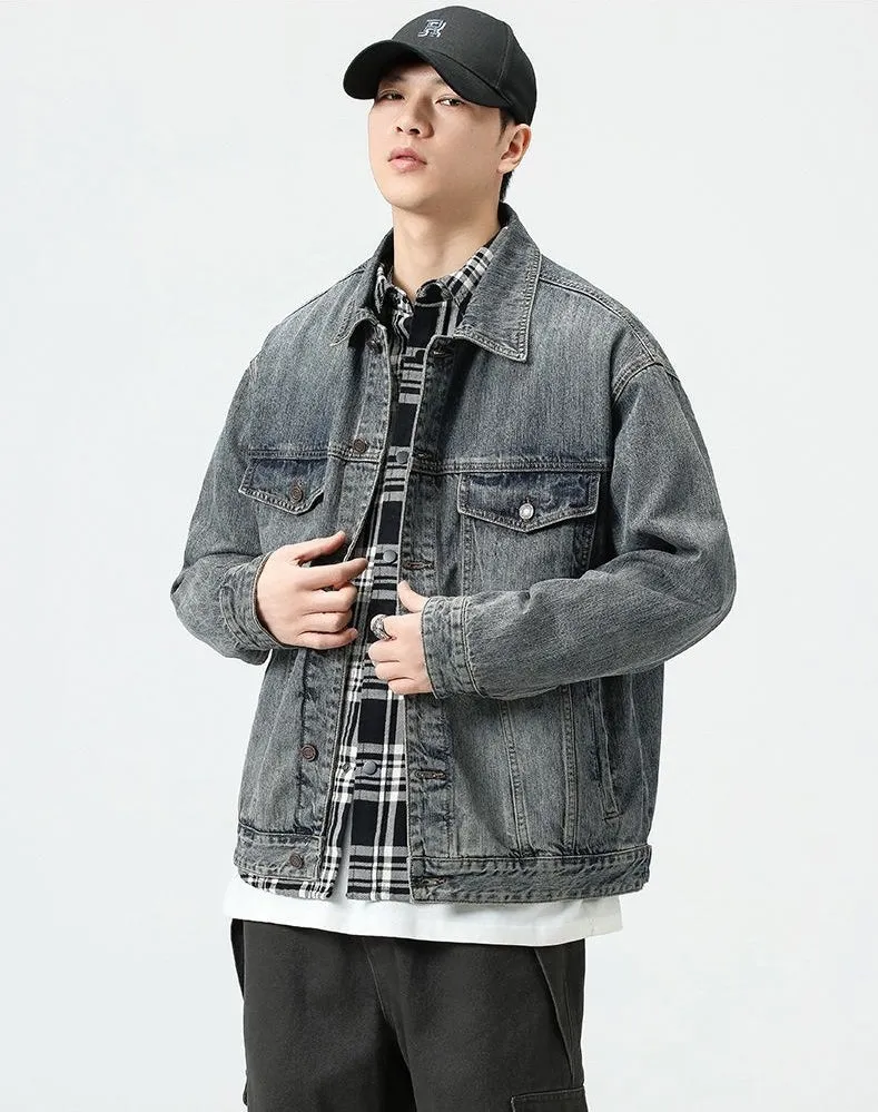 Vintage Style Denim Jacket for Men with Cargo Pockets