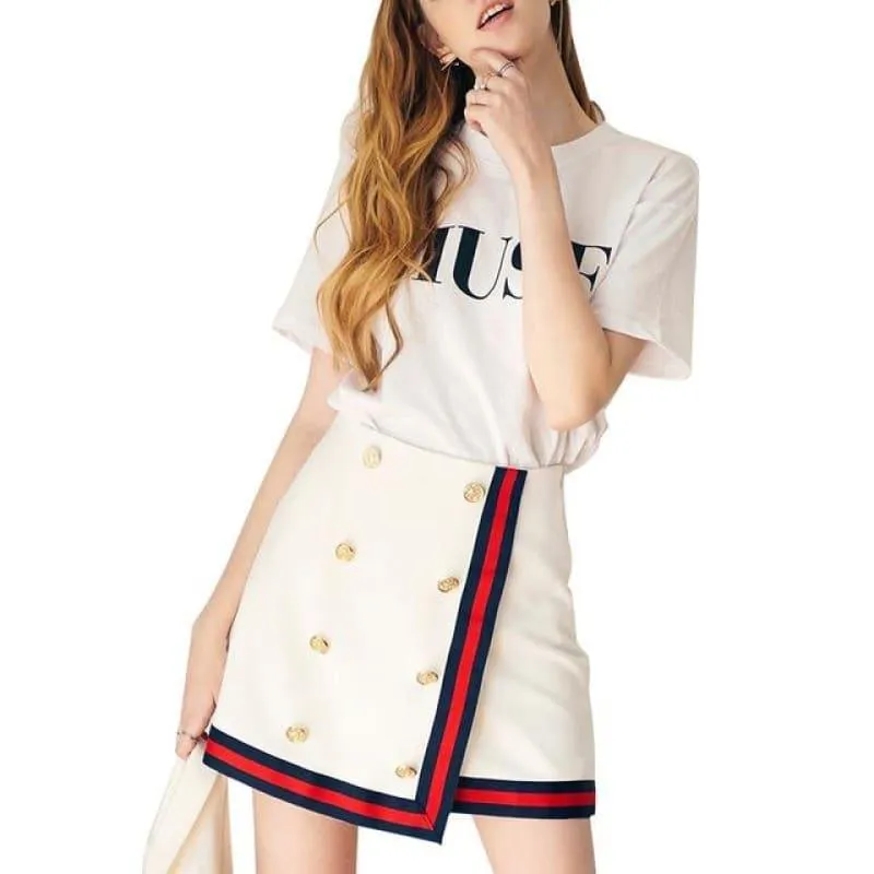 White Color Block Edgy  Mini High Waist Double Breasted Preppy Style A-Line Skirts