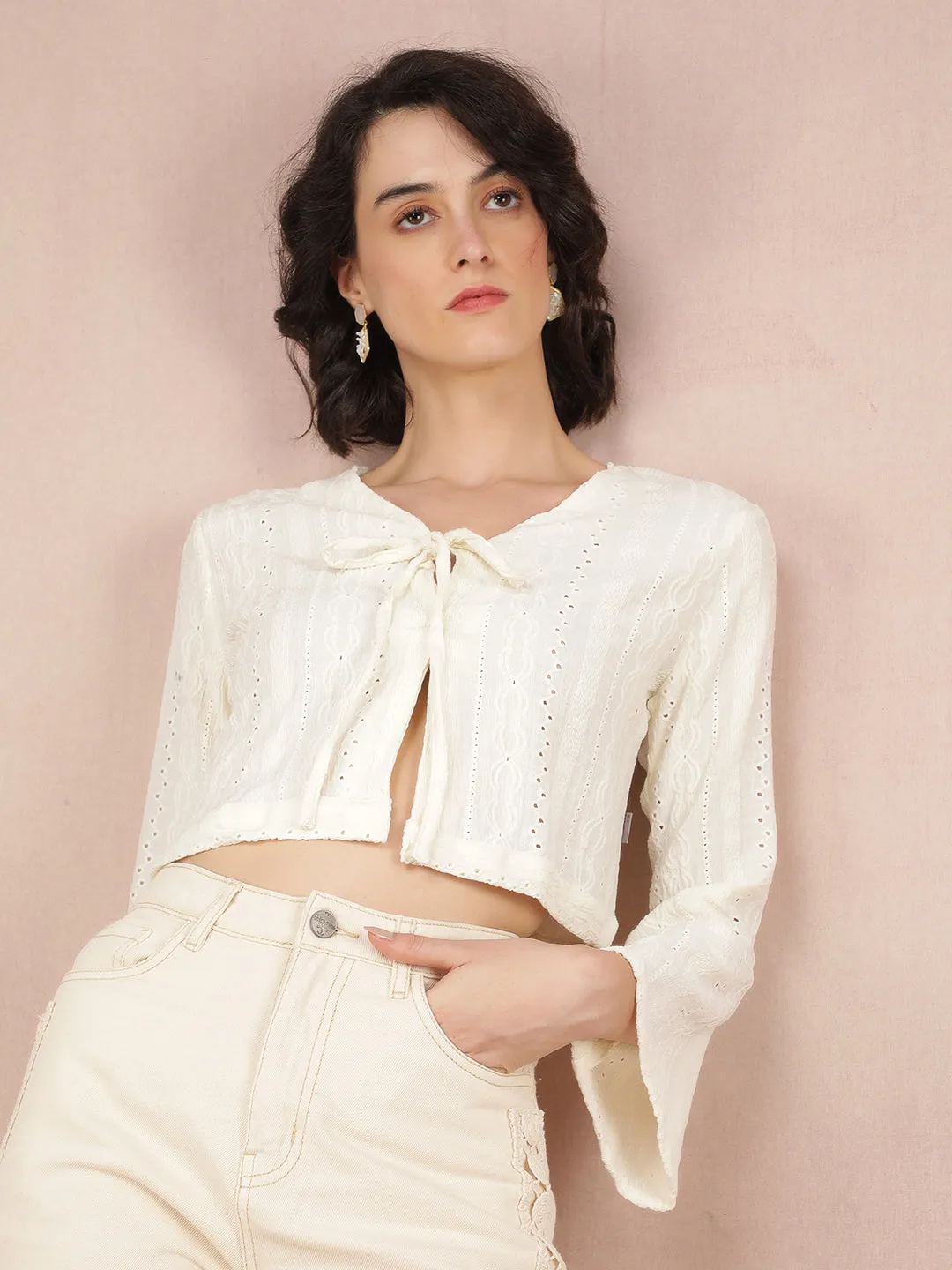 White Jacquard V-Neck Crop Length Top