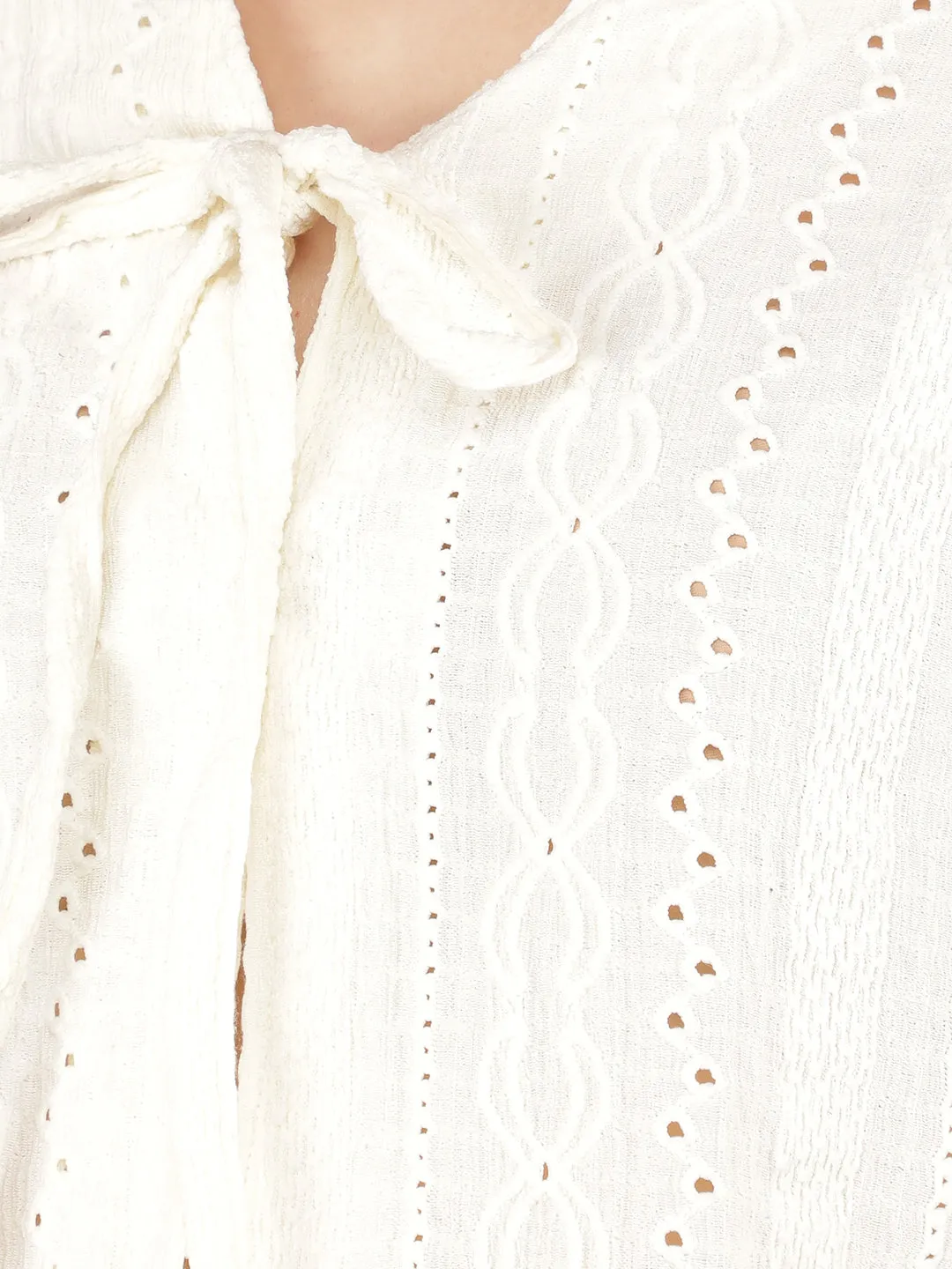 White Jacquard V-Neck Crop Length Top
