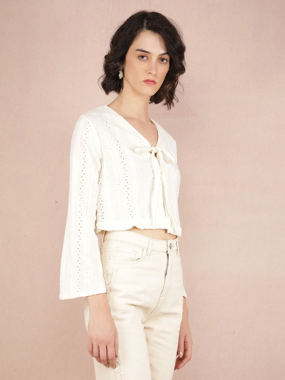 White Jacquard V-Neck Crop Length Top