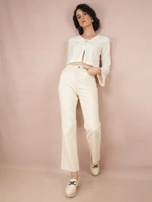 White Jacquard V-Neck Crop Length Top