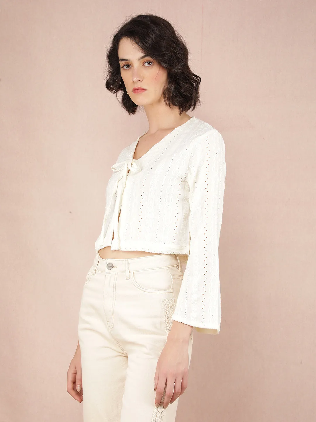 White Jacquard V-Neck Crop Length Top