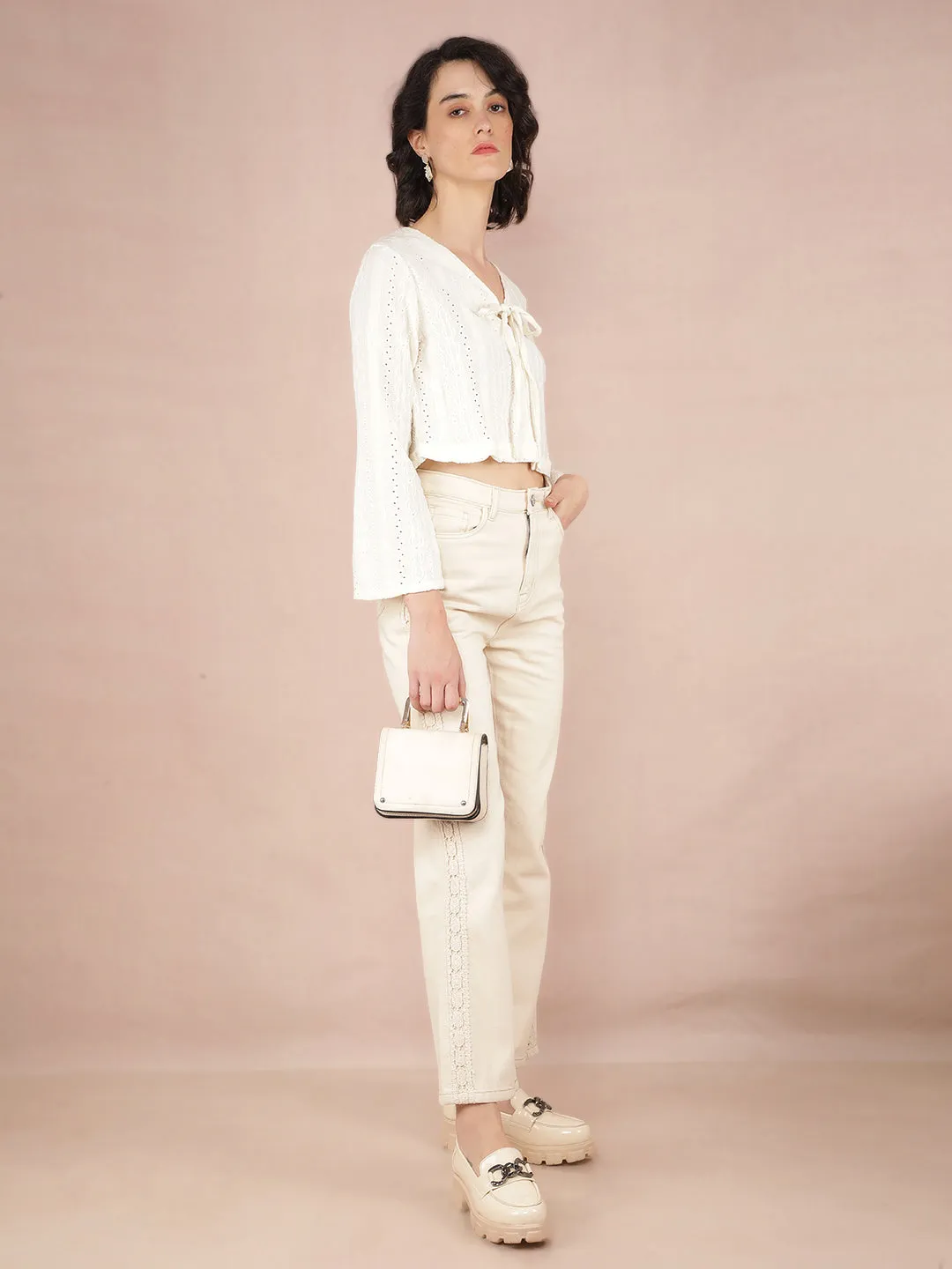 White Jacquard V-Neck Crop Length Top
