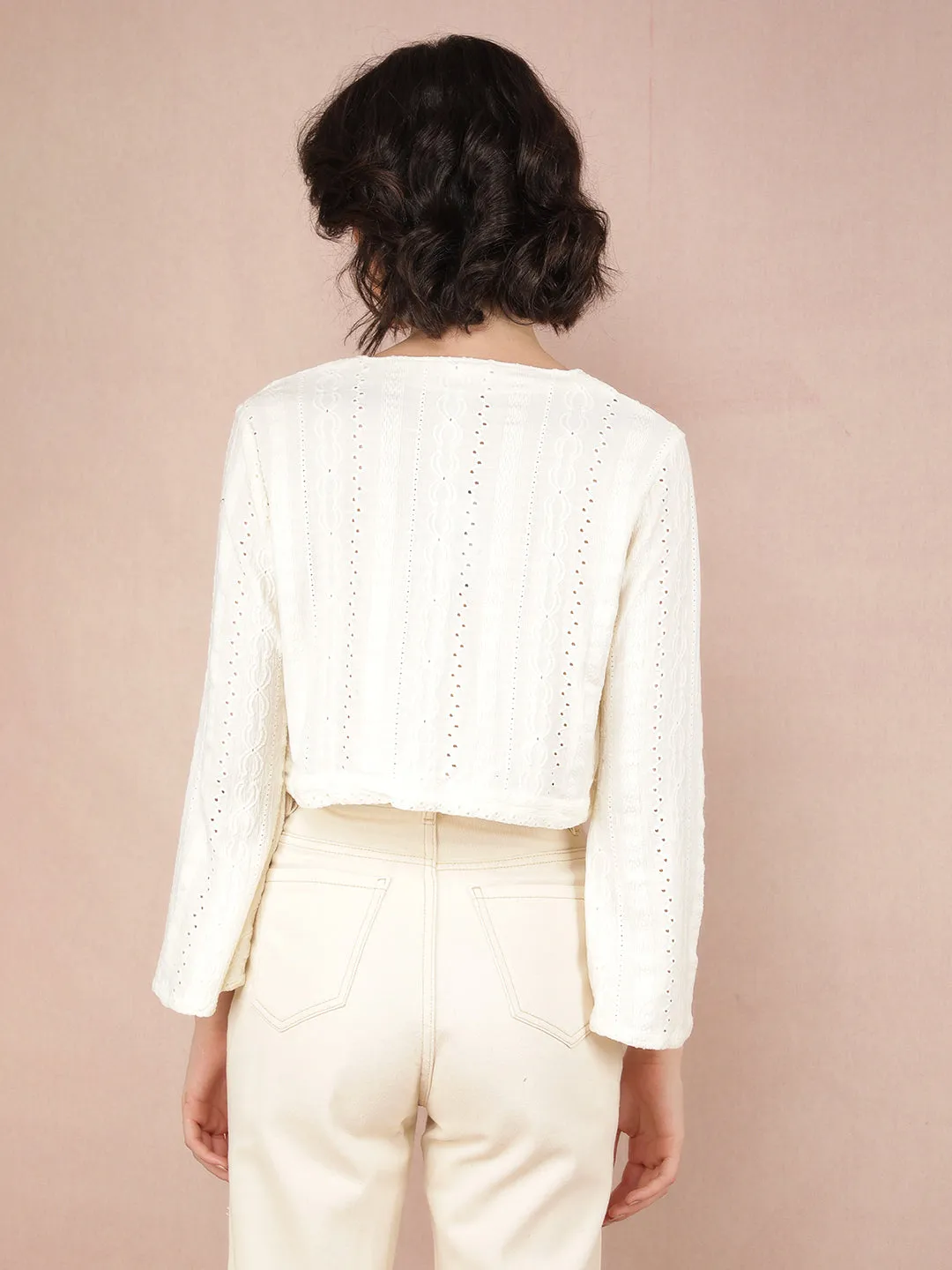 White Jacquard V-Neck Crop Length Top