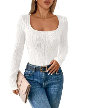 WICIWI Women's Tops 2024 Fall Long Sleeve Square Neck Y2k Shirts Sexy Slim Fit Knit Crop Tee Shirt Textured Blouses
