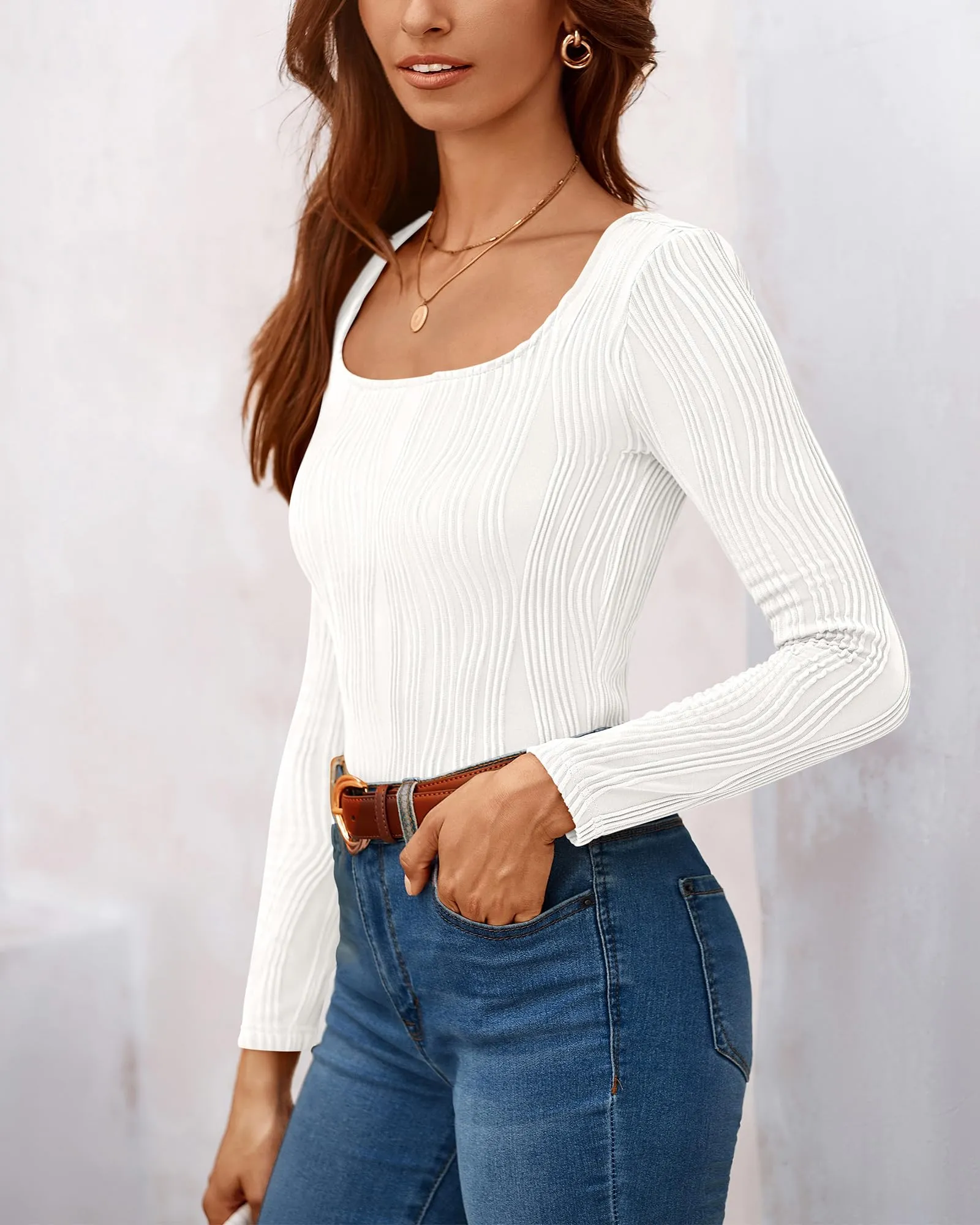 WICIWI Women's Tops 2024 Fall Long Sleeve Square Neck Y2k Shirts Sexy Slim Fit Knit Crop Tee Shirt Textured Blouses