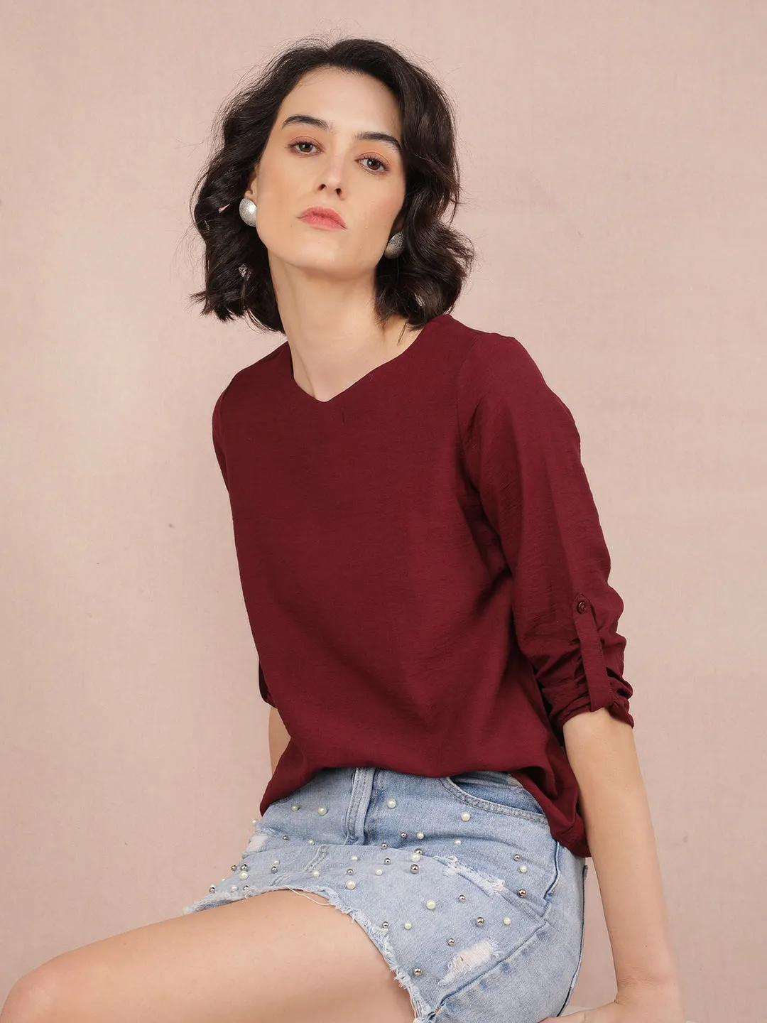 Wine V-Neck Top