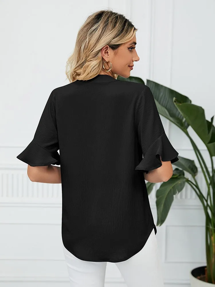 Women Blouses And Tops Fashion V Neck Black Blouse