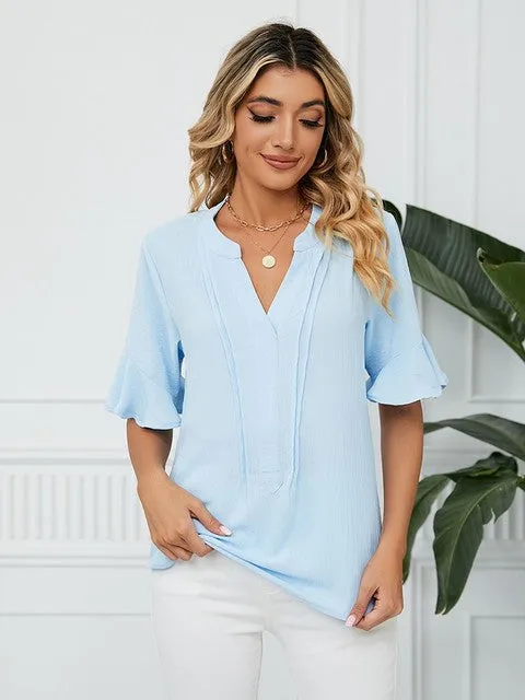 Women Blouses And Tops Fashion V Neck Black Blouse