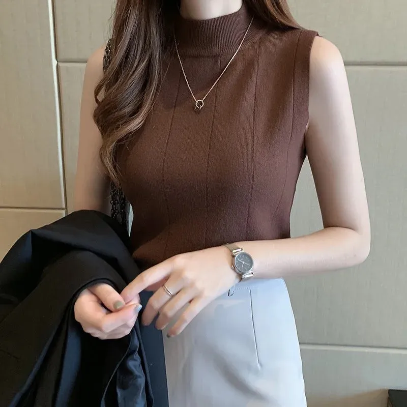 Women Knitted Green Tank Tops Women Thin Tops  Basic Casual Tank Tops O-neck Tees Sleeveless Tops For Women