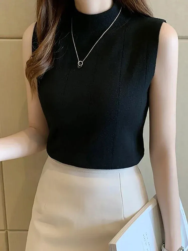 Women Knitted Green Tank Tops Women Thin Tops  Basic Casual Tank Tops O-neck Tees Sleeveless Tops For Women