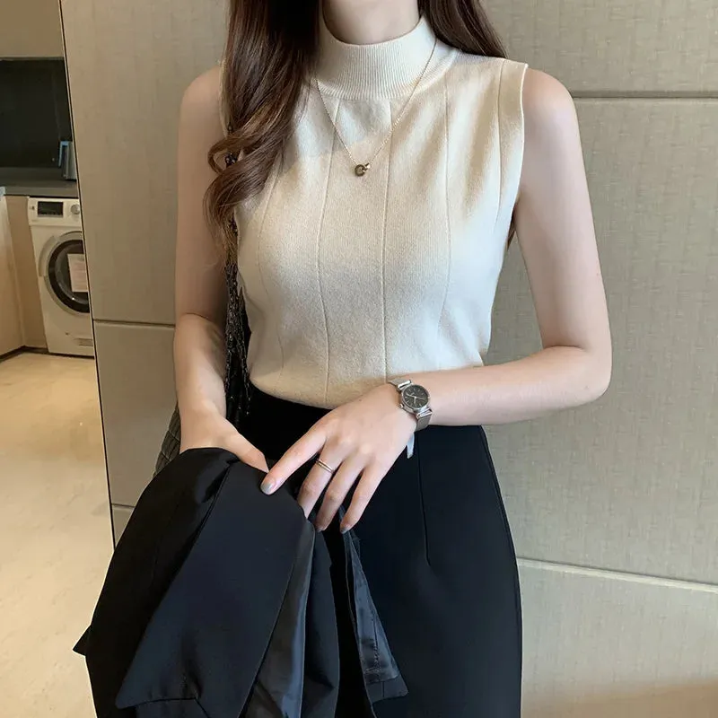Women Knitted Green Tank Tops Women Thin Tops  Basic Casual Tank Tops O-neck Tees Sleeveless Tops For Women