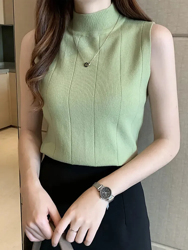 Women Knitted Green Tank Tops Women Thin Tops  Basic Casual Tank Tops O-neck Tees Sleeveless Tops For Women