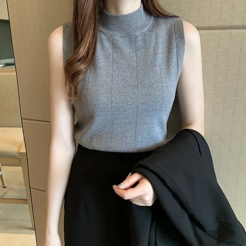 Women Knitted Green Tank Tops Women Thin Tops  Basic Casual Tank Tops O-neck Tees Sleeveless Tops For Women