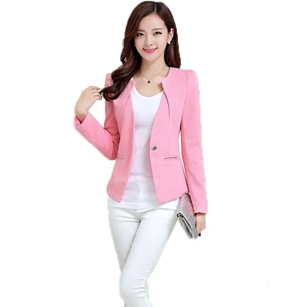 Women Pink Spring Blazers Fashion Plus Size Causal Slim Full Sleeve One Button Feminina Casacos Work Wear WT101
