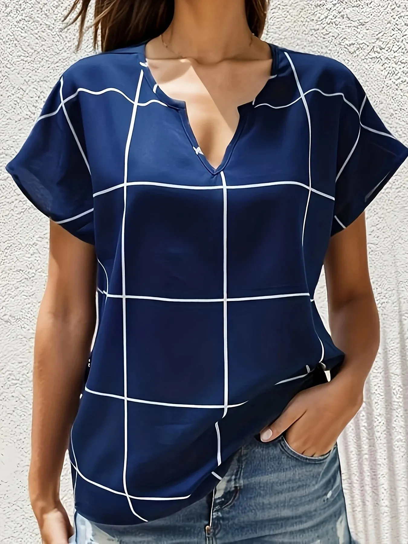 Women Plaid Printed Blouses Shirts Casual V Neck Short Sleeve Tops Ladies Basic Chic Blouses Tops