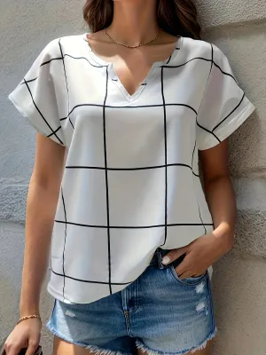 Women Plaid Printed Blouses Shirts Casual V Neck Short Sleeve Tops Ladies Basic Chic Blouses Tops