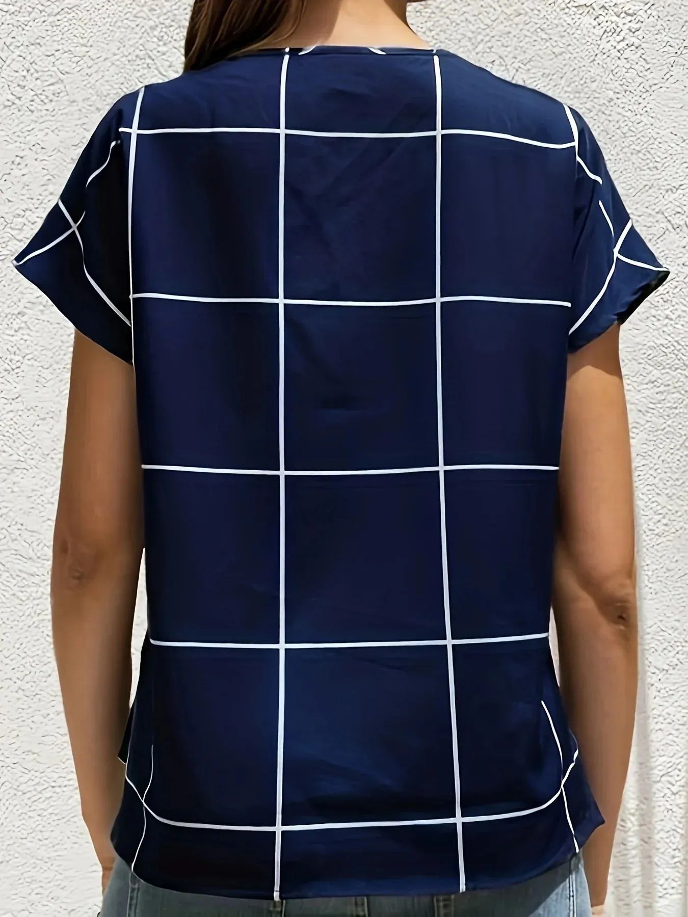 Women Plaid Printed Blouses Shirts Casual V Neck Short Sleeve Tops Ladies Basic Chic Blouses Tops
