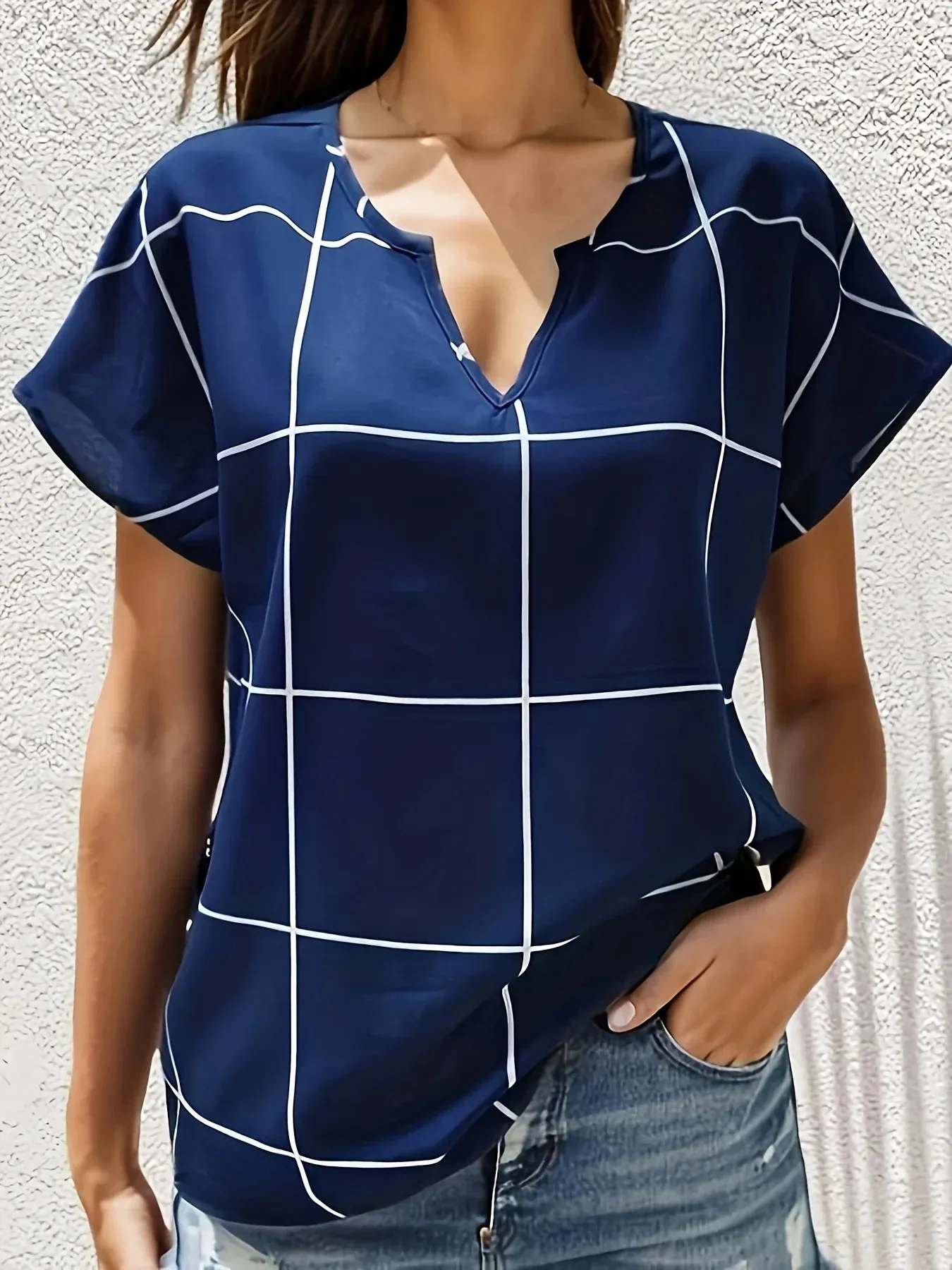 Women Plaid Printed Blouses Shirts Casual V Neck Short Sleeve Tops Ladies Basic Chic Blouses Tops