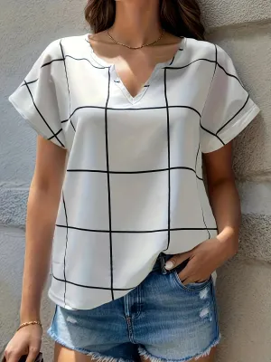 Women Plaid Printed Blouses Shirts Casual V Neck Short Sleeve Tops Ladies Basic Chic Blouses Tops