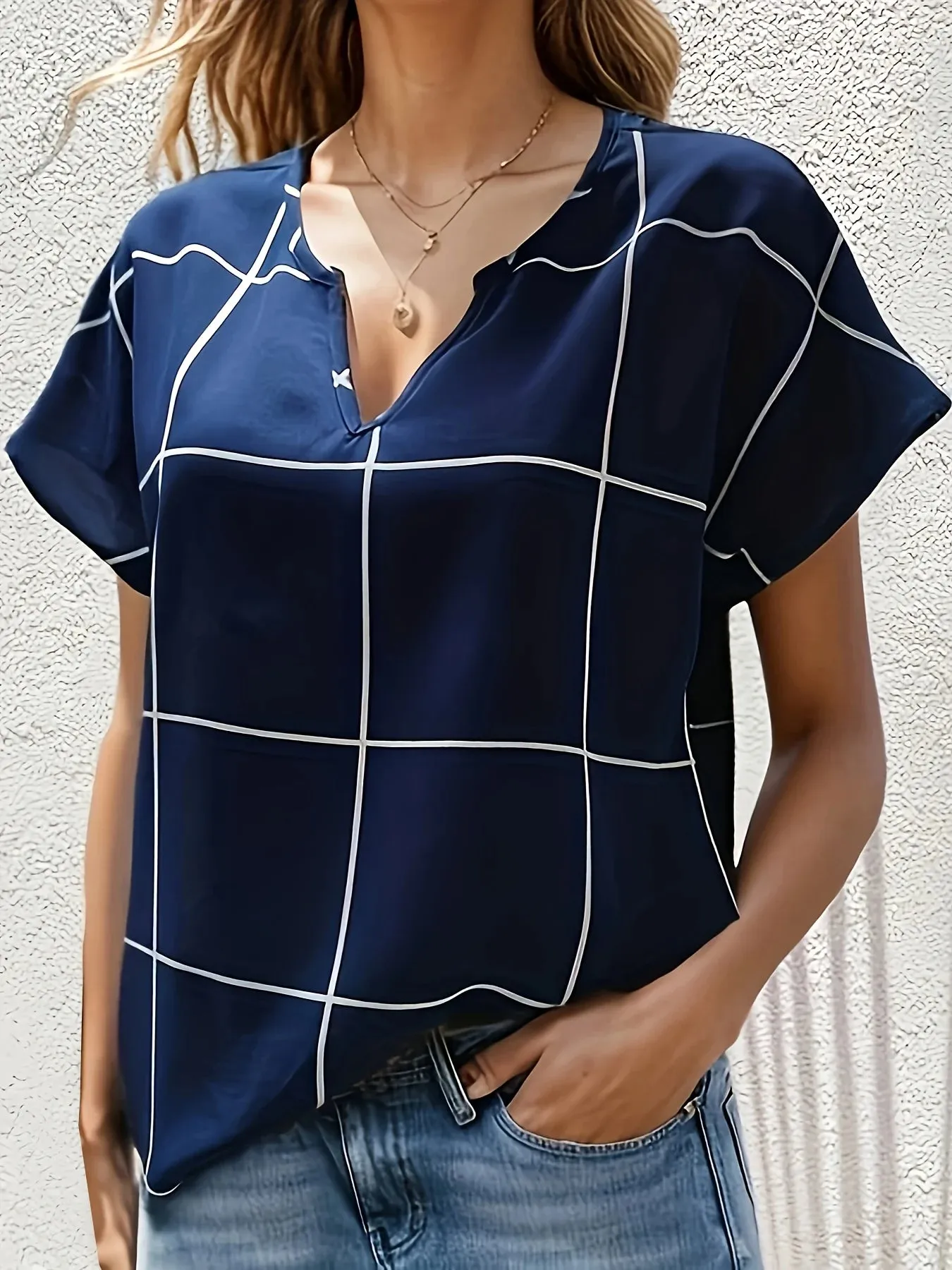 Women Plaid Printed Blouses Shirts Casual V Neck Short Sleeve Tops Ladies Basic Chic Blouses Tops