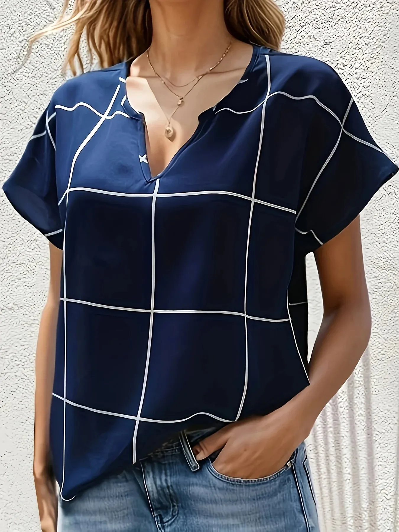 Women Plaid Printed Blouses Shirts Casual V Neck Short Sleeve Tops Ladies Basic Chic Blouses Tops