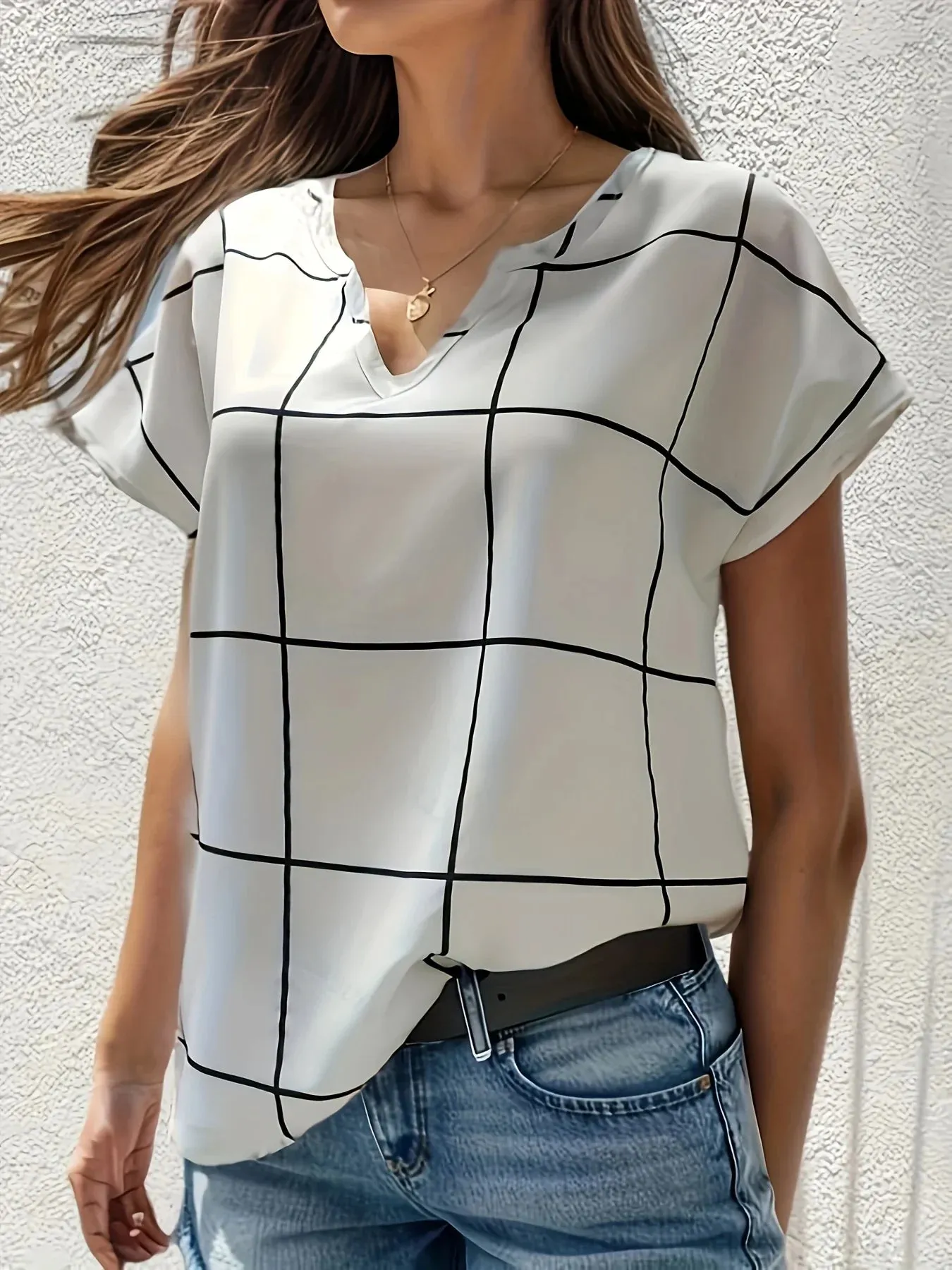 Women Plaid Printed Blouses Shirts Casual V Neck Short Sleeve Tops Ladies Basic Chic Blouses Tops