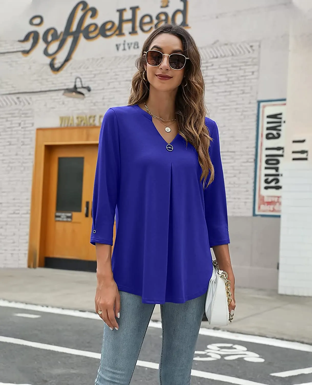 Women T-shirt V Neck 3/4 Sleeve Tops Blouse