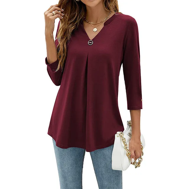 Women T-shirt V Neck 3/4 Sleeve Tops Blouse