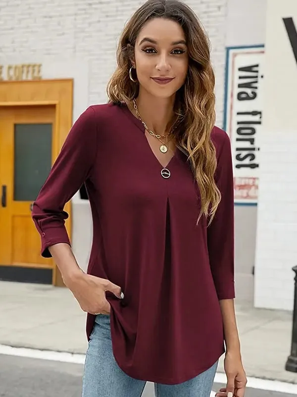 Women T-shirt V Neck 3/4 Sleeve Tops Blouse