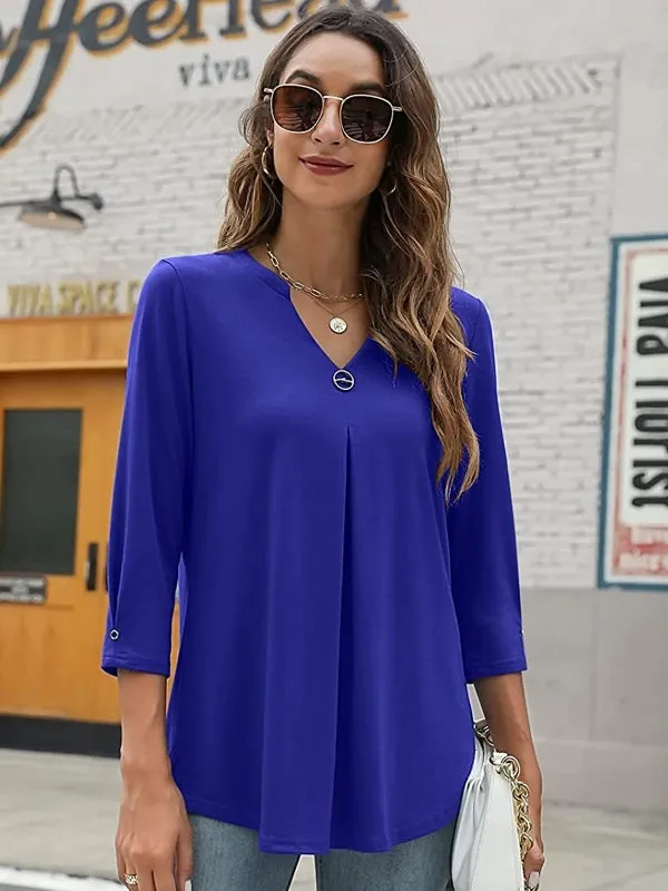 Women T-shirt V Neck 3/4 Sleeve Tops Blouse