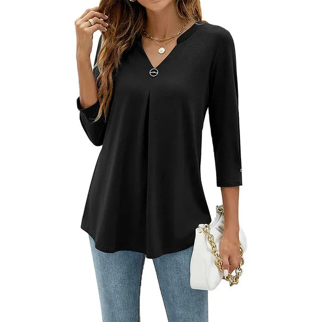 Women T-shirt V Neck 3/4 Sleeve Tops Blouse
