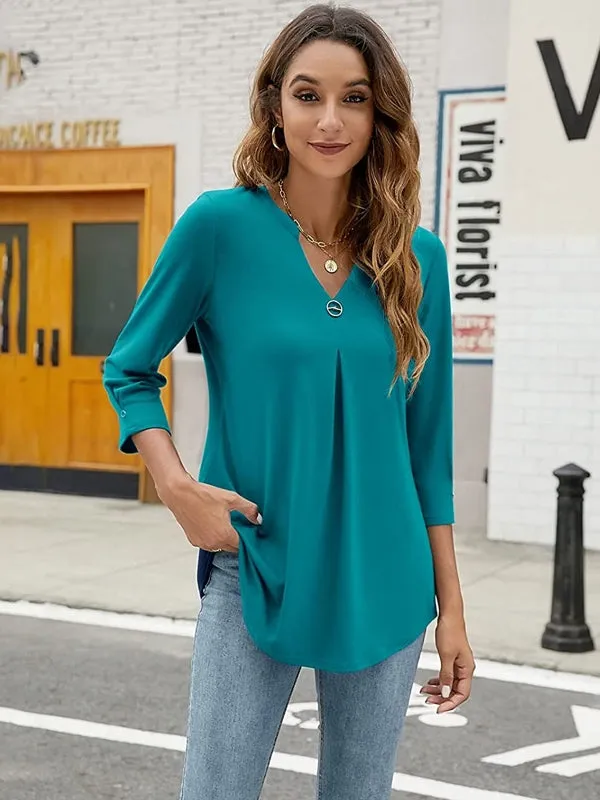 Women T-shirt V Neck 3/4 Sleeve Tops Blouse