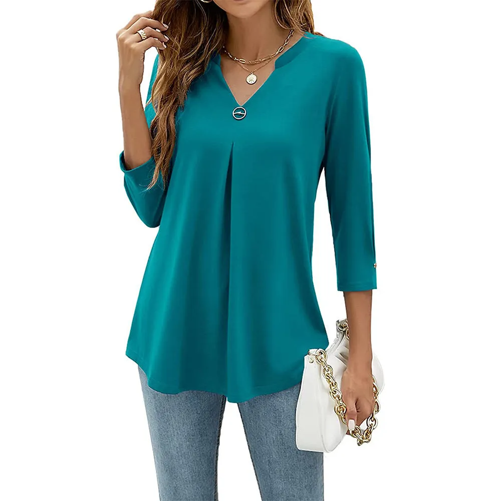 Women T-shirt V Neck 3/4 Sleeve Tops Blouse