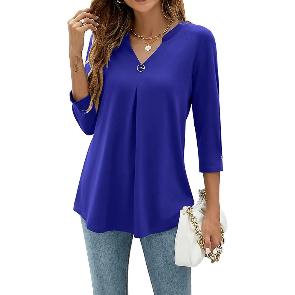 Women T-shirt V Neck 3/4 Sleeve Tops Blouse