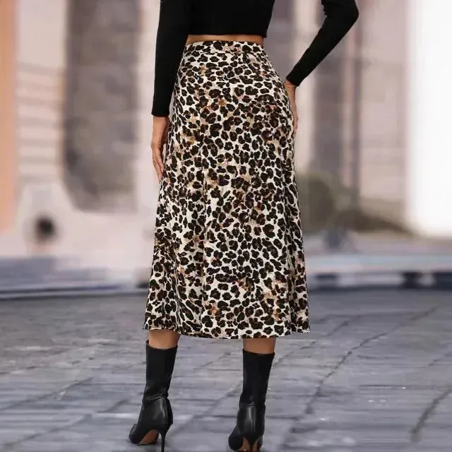 Women's A- Line Umbrella Skirt High Waist Leopard Print Midi sheath Skirt
