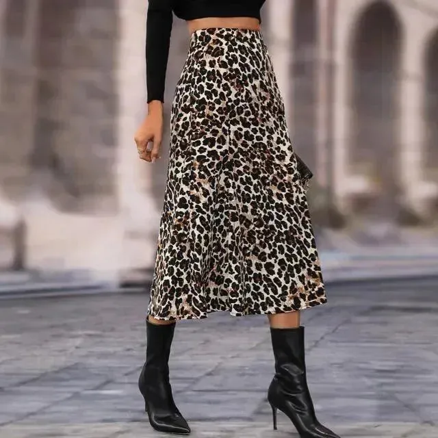 Women's A- Line Umbrella Skirt High Waist Leopard Print Midi sheath Skirt