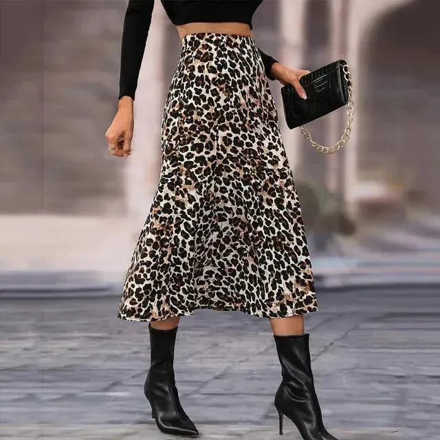 Women's A- Line Umbrella Skirt High Waist Leopard Print Midi sheath Skirt